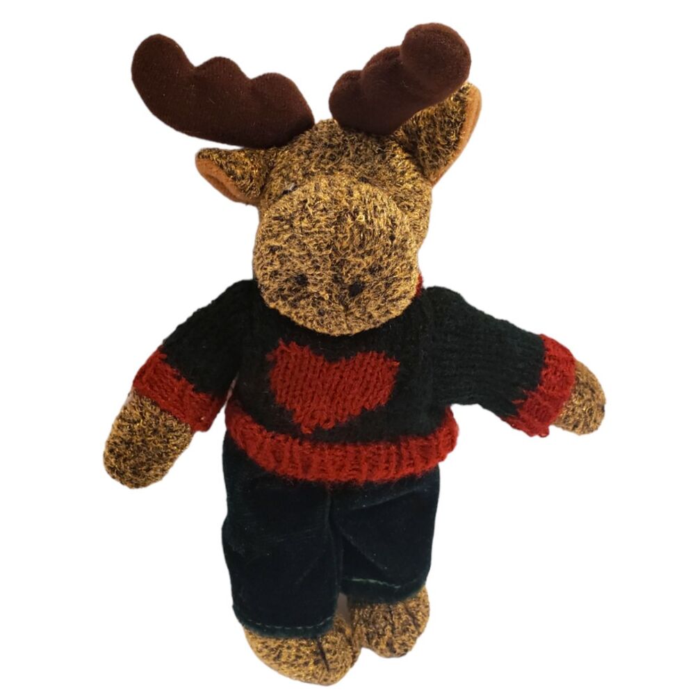 Moose Plush in a Knitted Sweater with Heart & Dark Green Velvet Pants 8" Stuffy